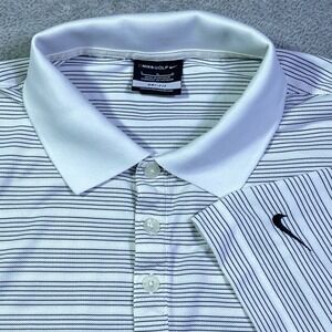 Nike Golf Dri-Fit Polo Shirt Men's Large White‎ Outdooorsy Blue Striped Athletic